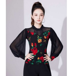 Womens red rose flowers ballroom latin dance shirts modern salsa rumba chacha flamenco waltz tango dancing tops for female